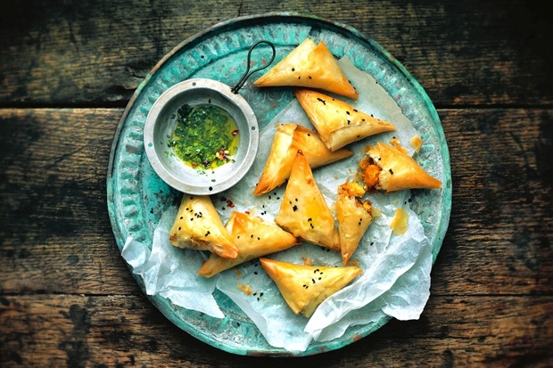 Pumpkin and feta triangles with mint dipping sauce